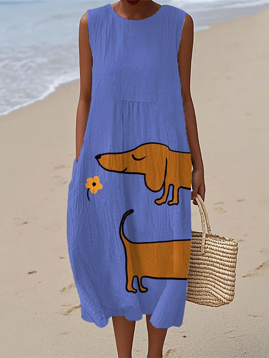 Sadie | Women's Dachshund Art Print Linen Dress