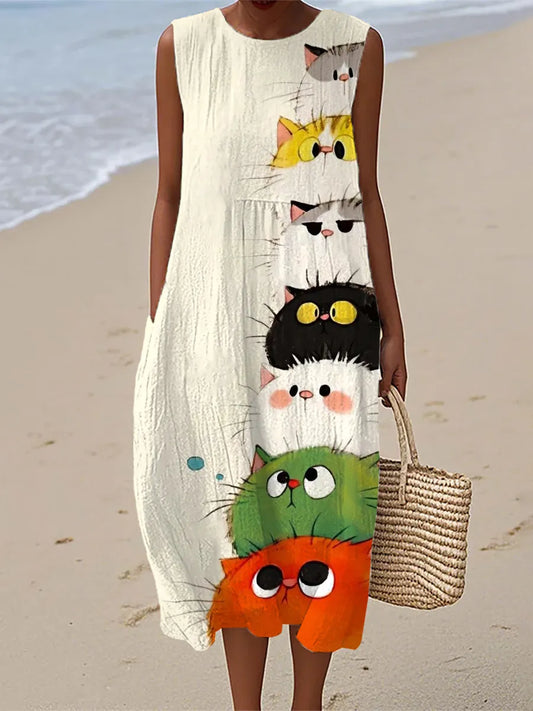 Zoe | Cute Cat Art Print Midi Dress